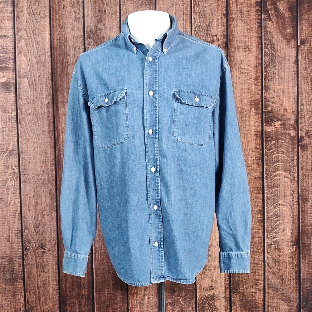 Vintage Old Navy Mens Blue Denim Button Down Collar Long Sleeve Shirt